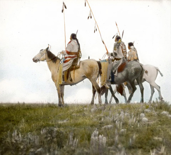 Riders With Coup Sticks. Blackfeet. Montana. Early 1900s. Glass Lantern Slide By Walter Mcclint