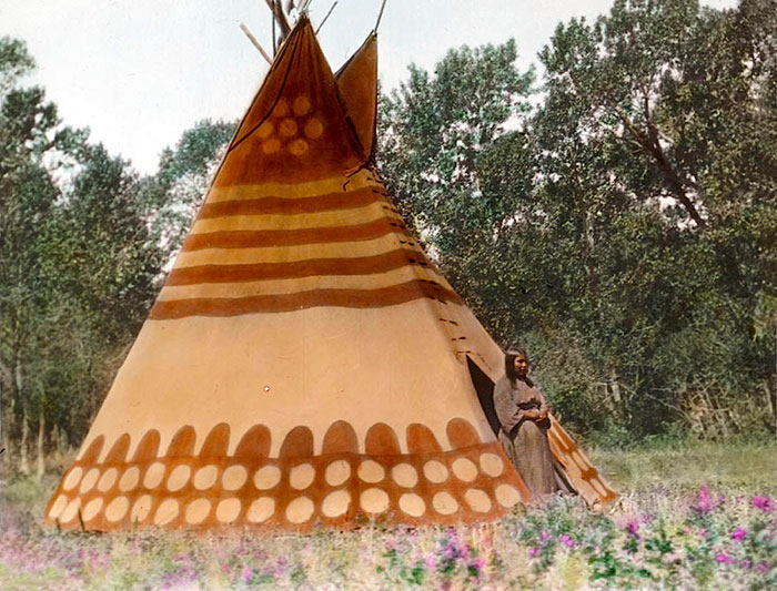 Thunder Tipi Of Brings-down-the-sun. Blackfoot Camp. Early 1900s. Glass Lantern Slide By Walte