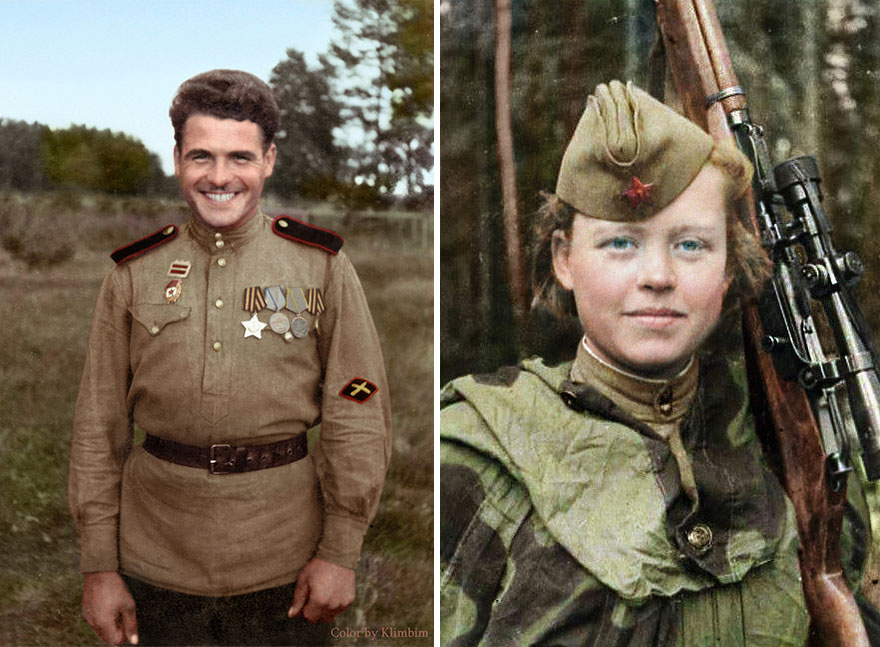 Anti Tank Artilery Man, 1940s (left), Russian Sniper Nadiezhda Kolesnikova, 1943 (right)