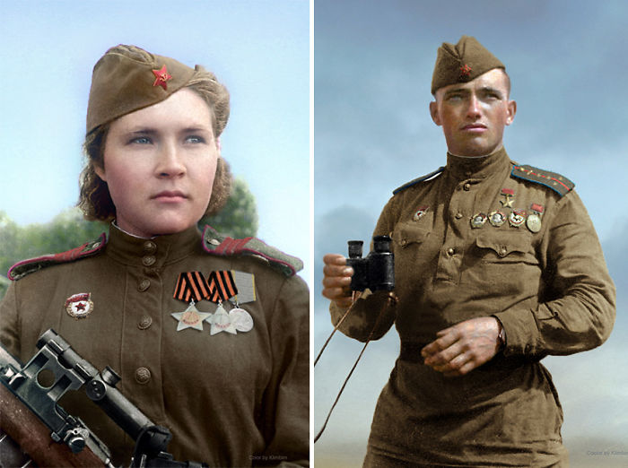 Soviet Sniper Lyubov Makarova (left), Hero Of The Soviet Union Dmitry Nazarenko (right)