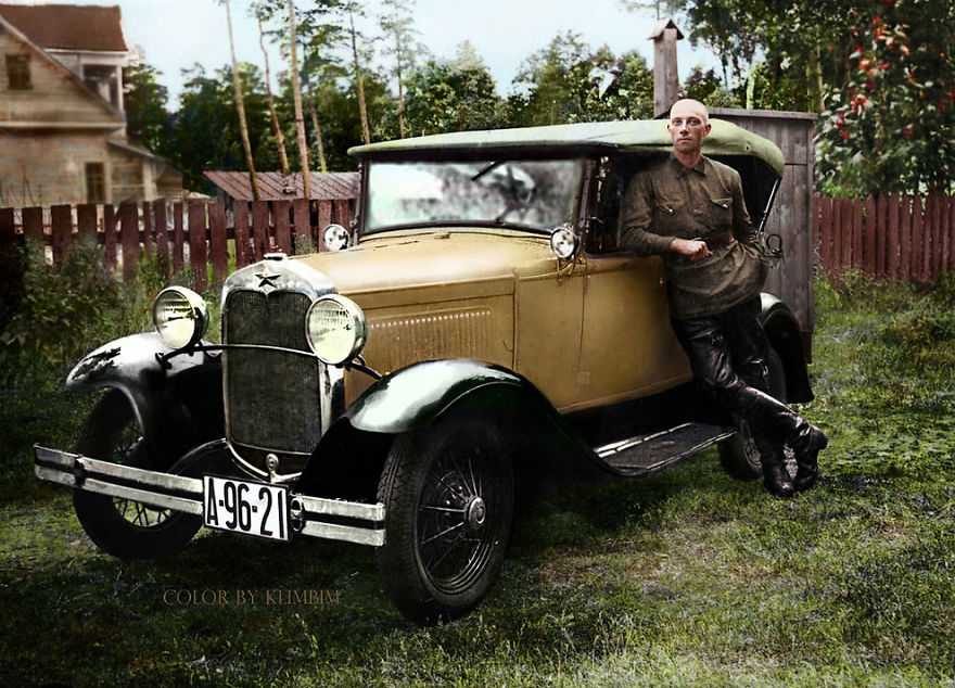A Russian Man Stand By A Ford-a Made In The Ussr, 1930