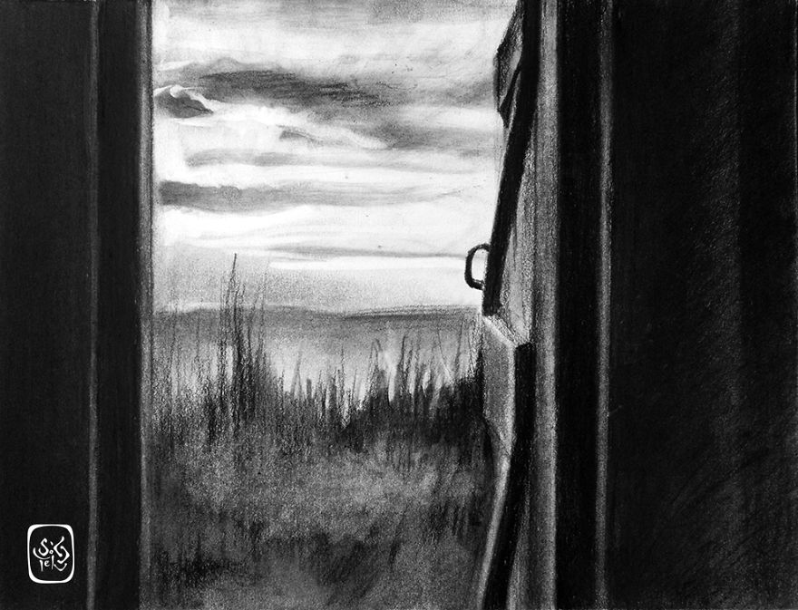 I Draw Charcoal Landscapes Inspired By Hitchcock's Black And White Movies
