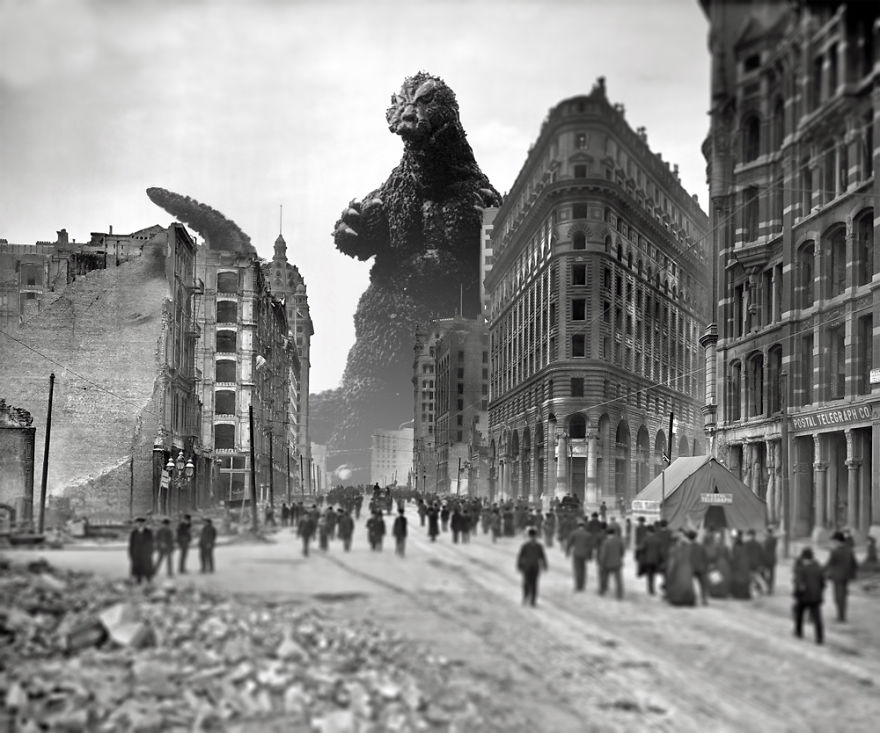 I Reimagine Old Historical Photos Of Disasters With Godzilla