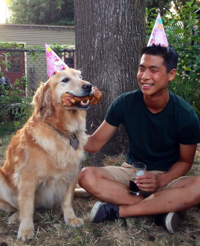 My Roommate Has The Sweetest Golden Ever. Here's A Picture From Our Joint Birthday Party Back in August