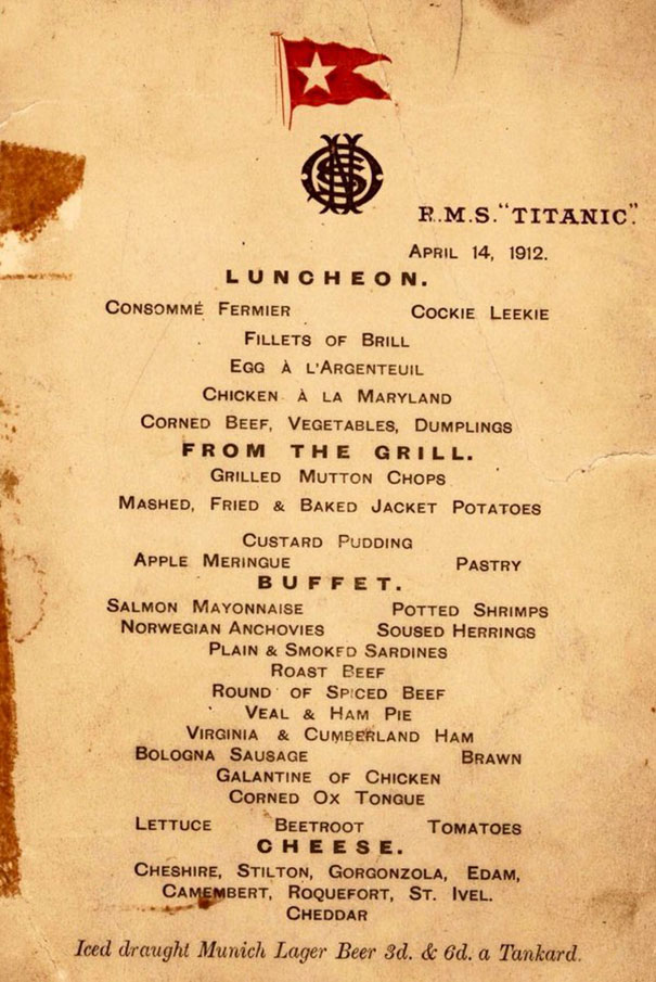 Titanic Food Menus For 1st, 2nd and 3rd Class Passengers
