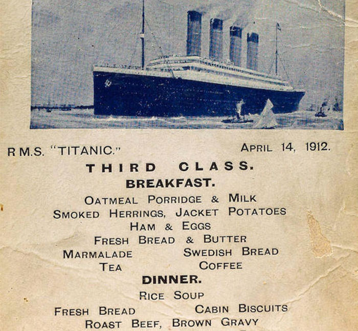 1912 Clean copy! 3RD CLASS STEERAGE MEAL MENU Details about   NEW ITEM RMS TITANIC April 14 