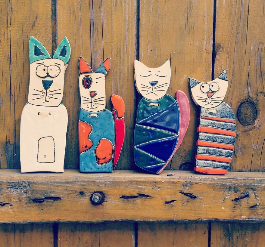Ceramic Cats, Angels, Pottery, And Jewellery By Polish Artist.