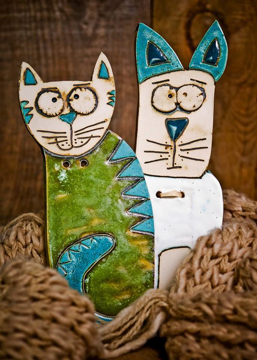 Ceramic Cats, Angels, Pottery, And Jewellery By Polish Artist.