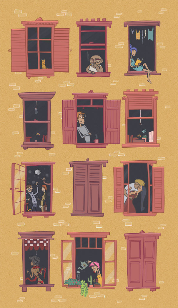 I Illustrated Different People Living In The Block Of Flats In Front Of My Window