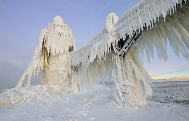 An Arctic Cold Front And Strong Gales Coat The St. Joseph (mi) Lighthouse In Ice