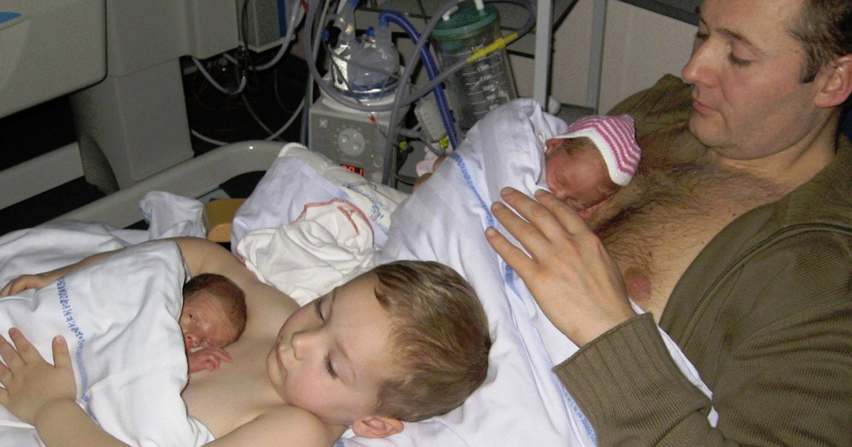 Father And Son Practicing SkinToSkin Contact With Twin Babies Go