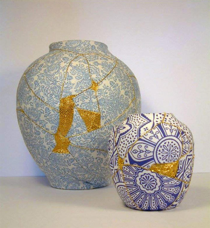 Broken Vases Repaired By Sewing Them With Gold Thread Using Ancient Japanese Technique