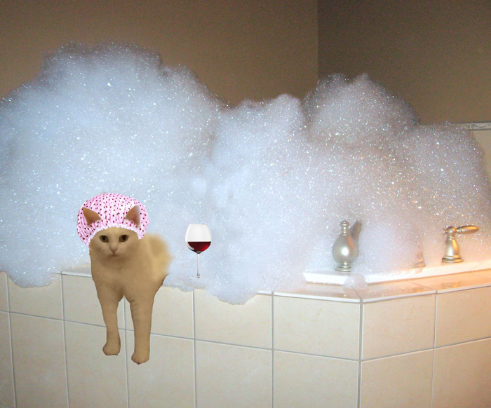 Cat Relaxing In A Bubble Bath After A Long Day