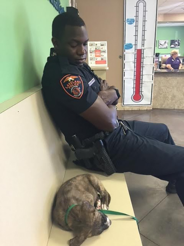 Cop Finds Stray Puppy, Stays With Her After His Night Shift To Make Sure She's Safe