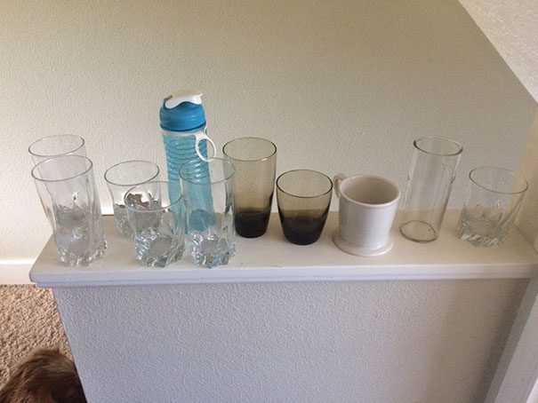 My Husband Leaves A Plethora Of Cups At The Top Of The Stairs For Weeks. He's Run Out Of Room, So Now A Couple Of Cups Has Accumulated In Our Bathroom