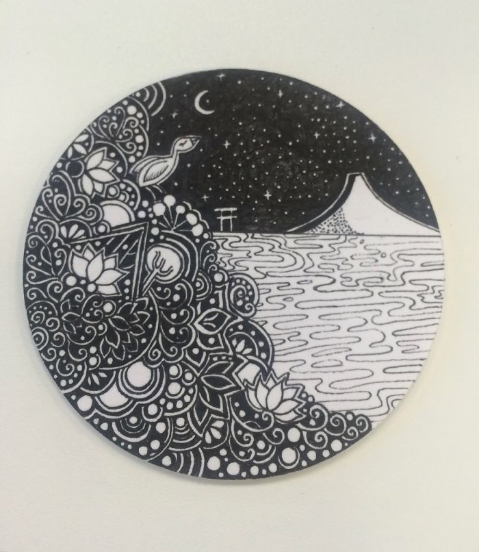 I Create Intricate Pen Drawings On Coasters With Floral Motives