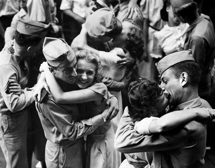Servicemen And Downtown Workers Embrace And Kiss In The Street As Word Of Surrender Flashed Through The Nation, 1945