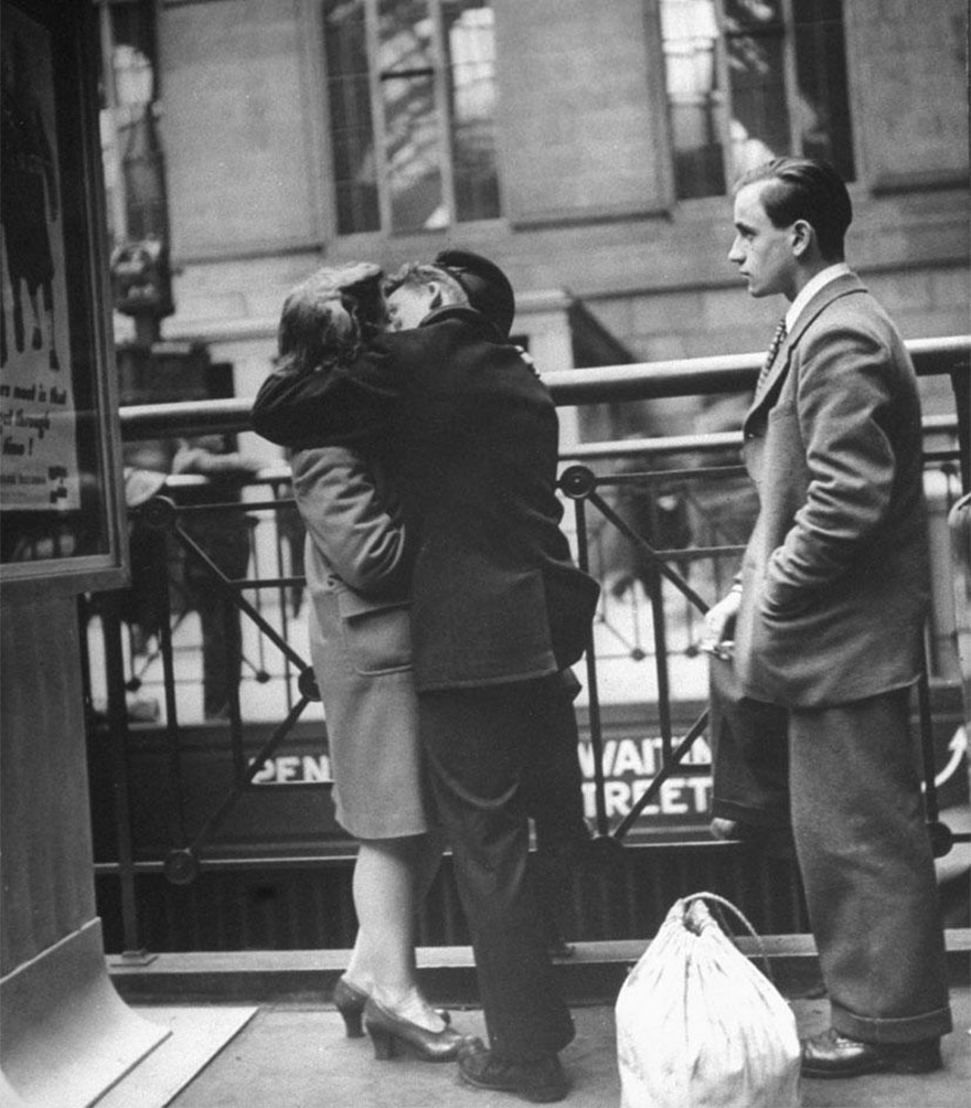Couple In Penn Station Sharing Farewell Kiss Before He Ships Off To War, 1943