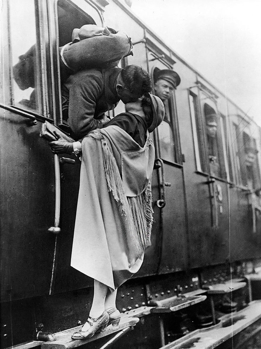 US Soldier Tenderly Kissing His Girlfriend Goodbye Before Departing By Train, 1922
