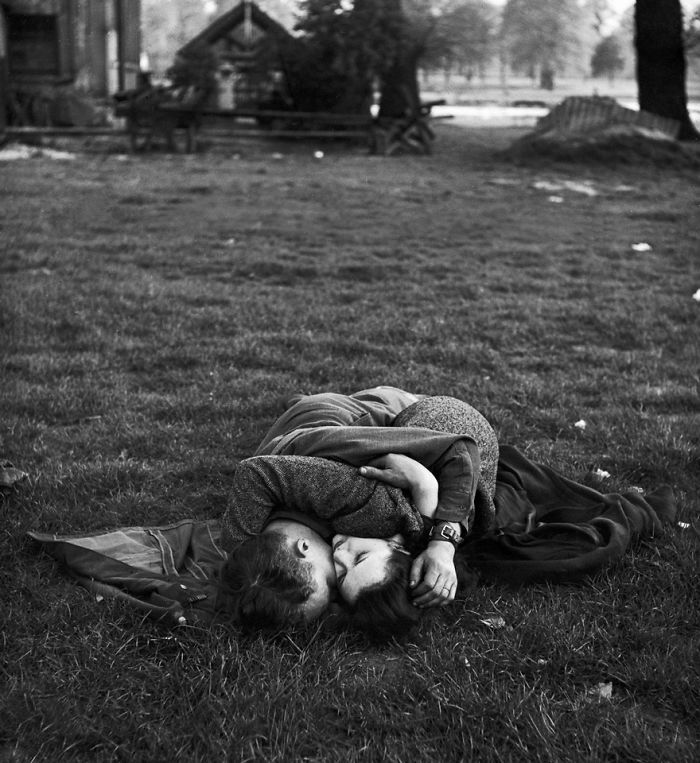 American Soldier Kissing His English Girlfriend On Lawn In Hyde Park, 1945
