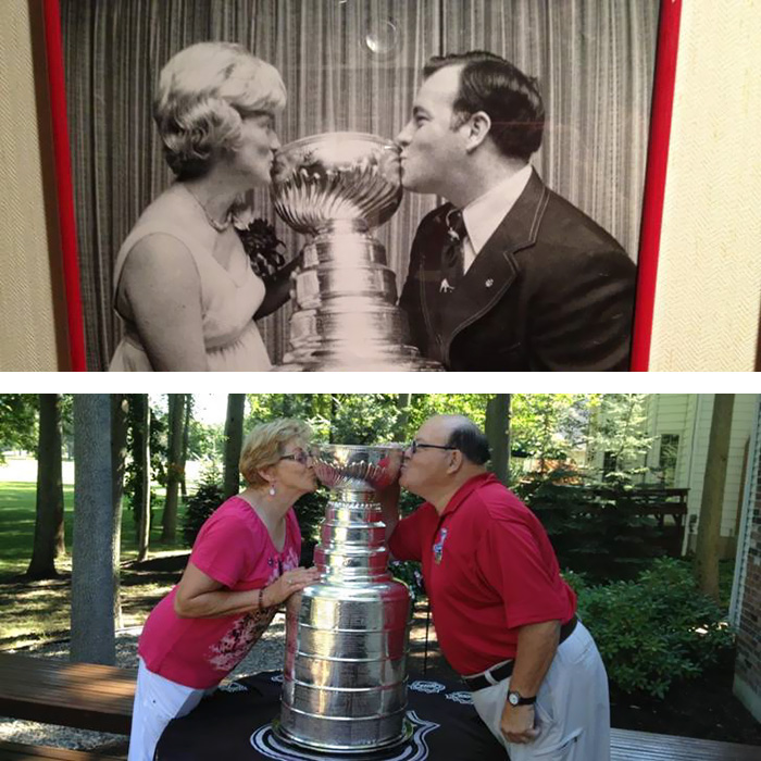 Here Is My Great Uncle, Scotty Bowman, And His Wife Kissing The Stanley Cup 37 Years Ago, And Here They Are Again Doing A Modern Re-Creation