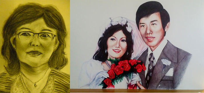2012 (charcoal Drawing Of My Aunt) Vs 2015 (pen Drawing Aunt's Marriage Photo)