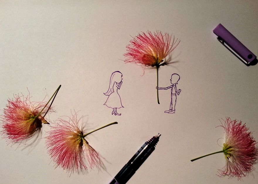 I Draw Stories Of Tiny People Using Real Flowers