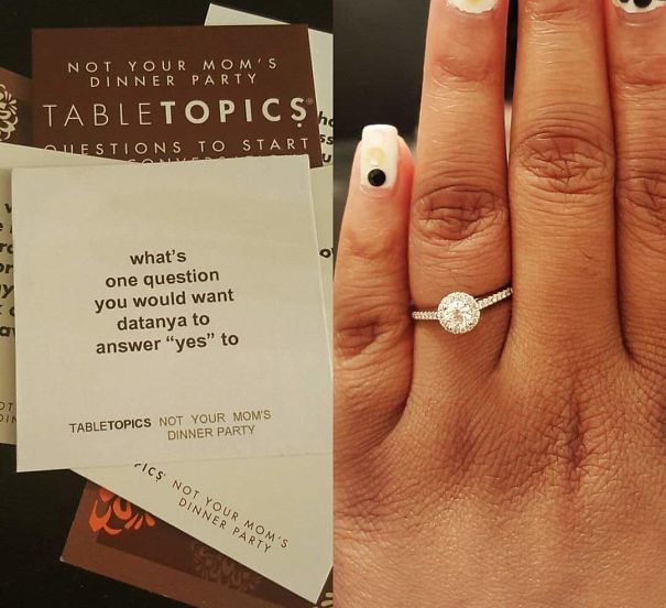 My Fiance Proposed Using A Table Topics Card He Altered While Having Dinner