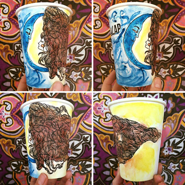 My Friend Paints On Paper Cups Using Coffee