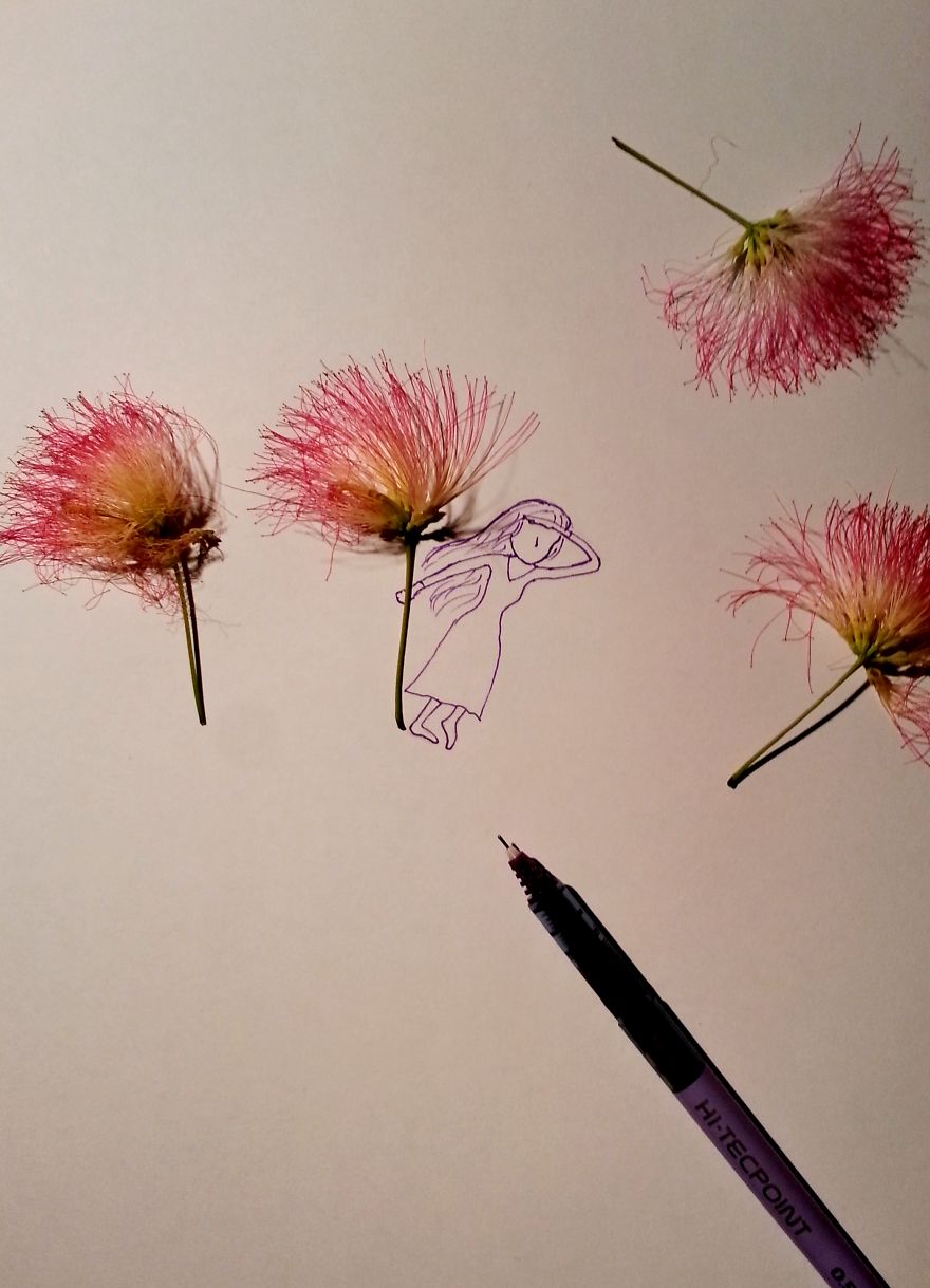 I Draw Stories Of Tiny People Using Real Flowers