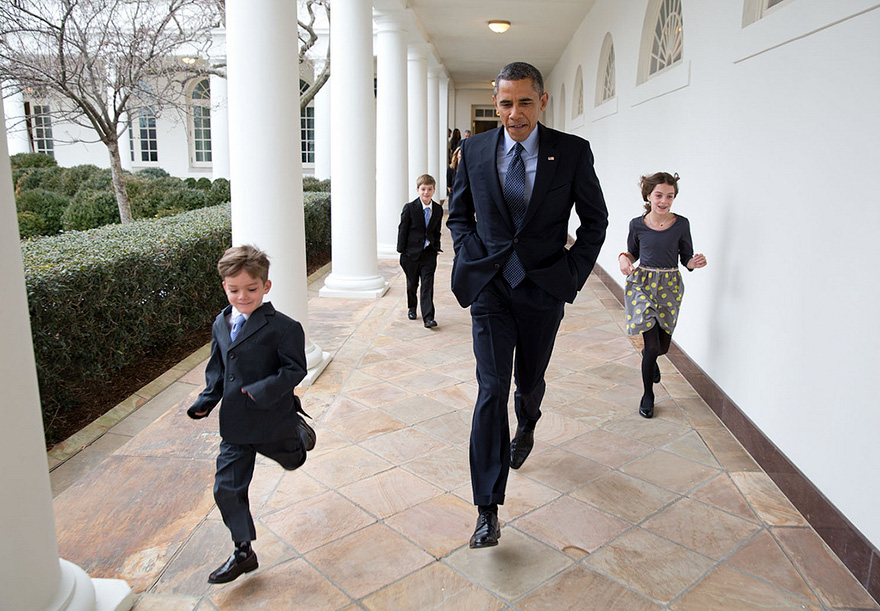 On A Cold Day, The President Races Down The Colonnade With Denis McDonough's Children