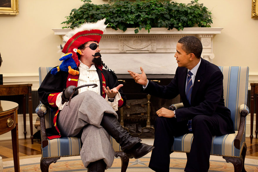 President Barack Obama "Meets" With Speechwriter Cody Keenan, Who Dressed As A Pirate For An Oval Office Photo