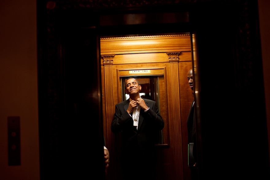 President Barack Obama Rides The Elevator To The Private Residence Of The White House After Attending 10 Inaugural Balls And A Long Day, Including Being Sworn In As President
