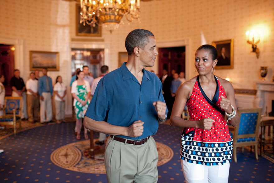 President Barack Obama And First Lady Michelle Obama Pretend To March To Music In The Blue Room Of The White House