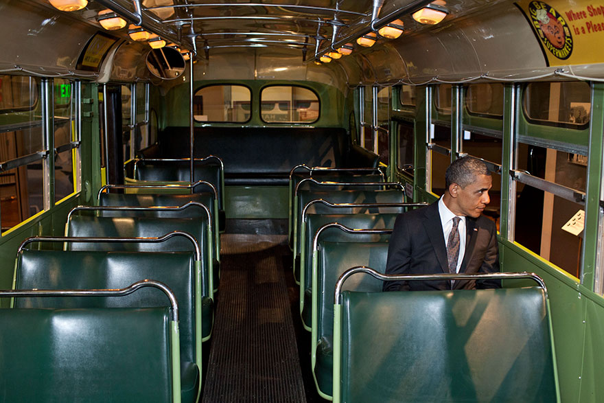 President Barack Obama Sits On The Famed Rosa Parks Bus At The Henry Ford Museum