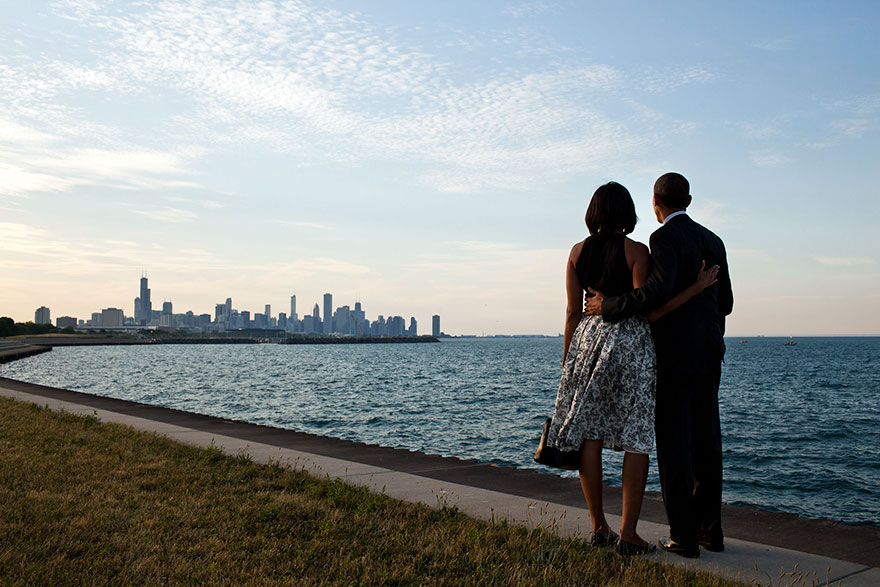 President Barack Obama And First Lady Michelle Obama Look Out At The Chicago, Ill., Skyline