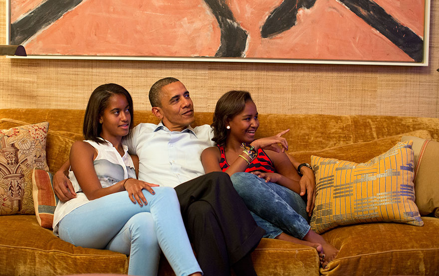 President Barack Obama And His Daughters Watch On Television As First Lady Michelle Obama Begins Her Speech At The Democratic National Convention