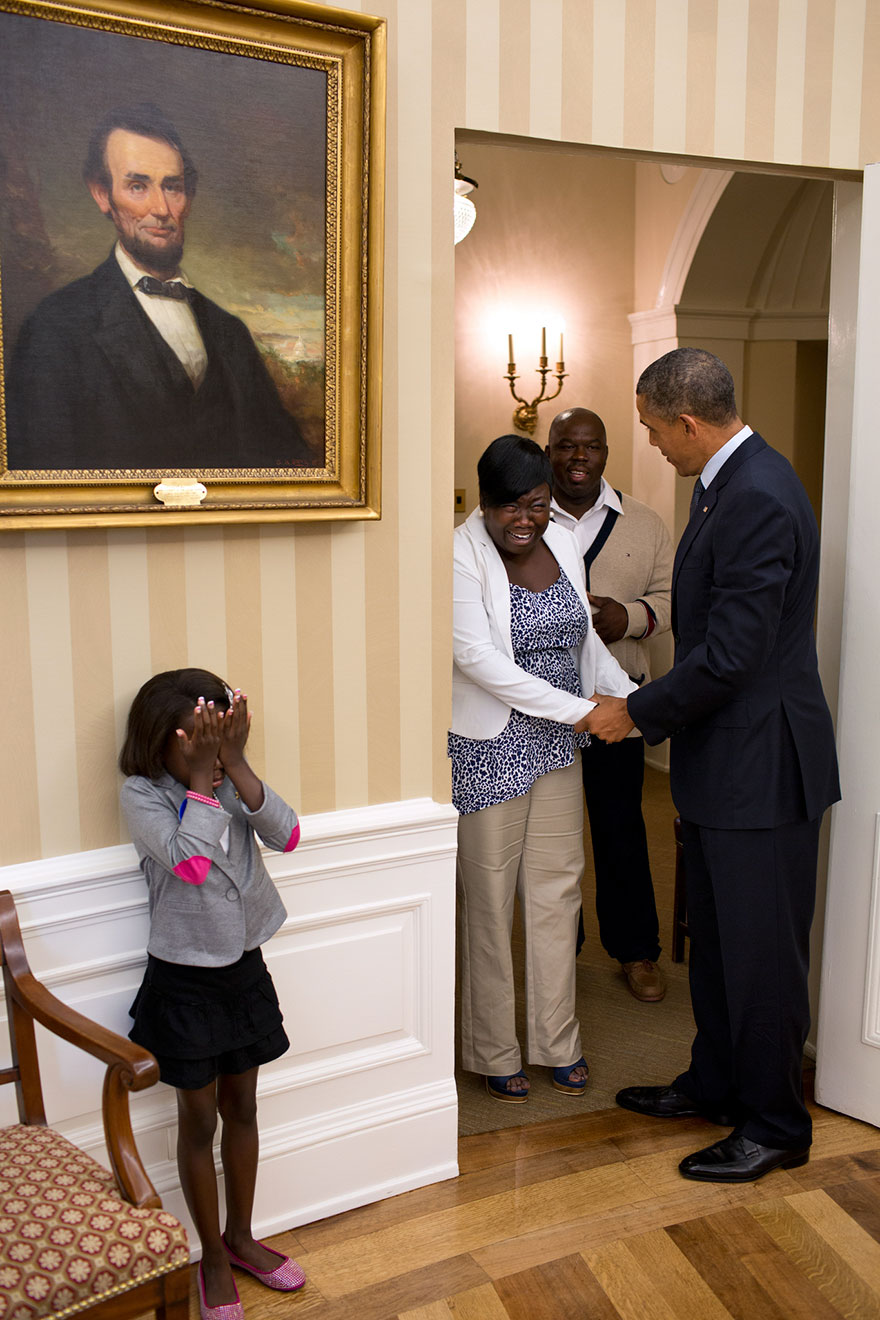 Eight-Year Old Make-A-Wish Child Janiya Penny Reacts After Meeting President Barack Obama As He Welcomes Her Family To The Oval Office