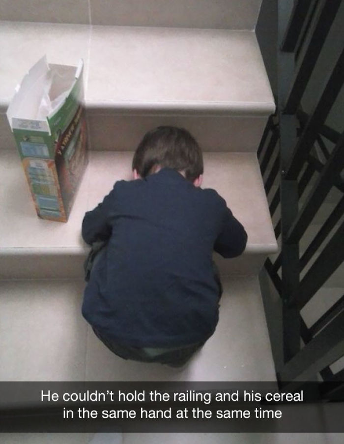He could not hold the railing and his cereal in the same hand at the same time