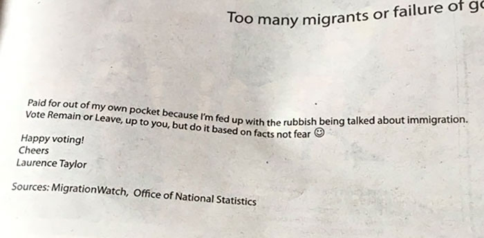 Man Fed Up With Immigration Debate Buys His Own Newspaper Ad