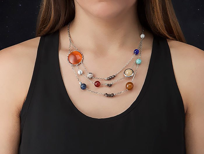 Solar System Necklace With Semi Precious Planets Moving Around Jade Sun