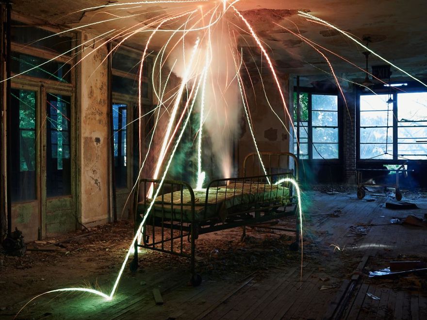 Photographer Makes Abandoned Places Come To Life With Showers Of Sparks And Colorful Smoke