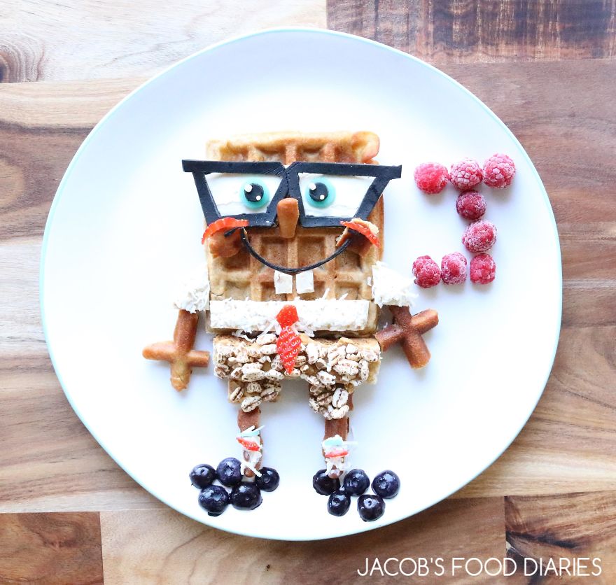 Spongebob Squarepants. Spelt Waffles With Spelt Puffs, Coconut, Raspberries And Blueberries