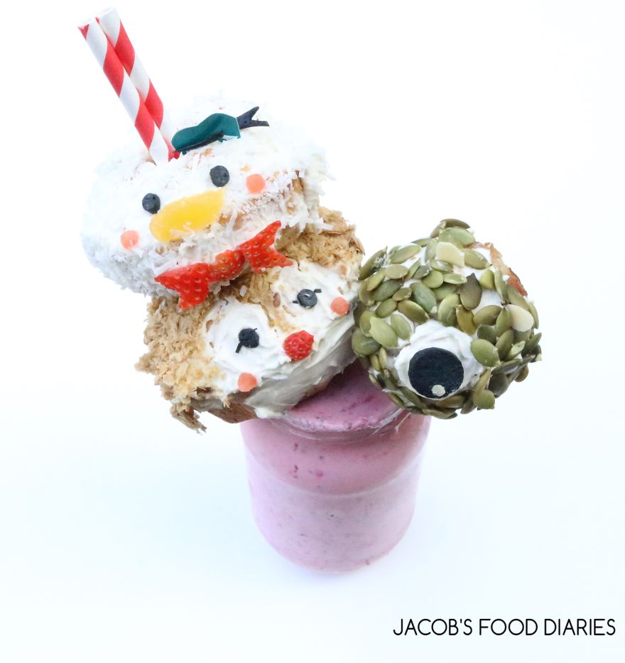 Donald, Dale & Mike Tsum Tsum. Our Healthy Version Of The Freakshake. Spelt Baked Donuts With Raspberry, Blueberry And Chia Seed Smoothie