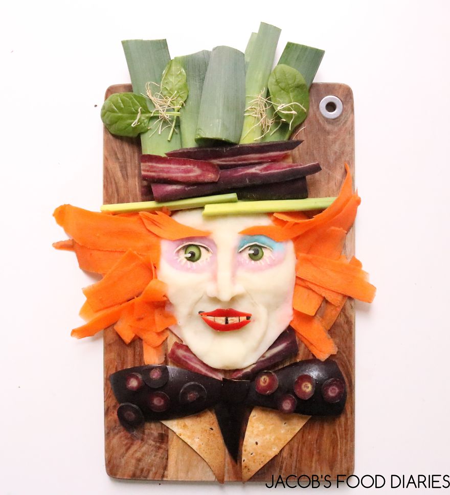 The Mad Hatter From Alice Through The Looking Glass. Potato With Carrots, Leek, Wholemeal Wrap And Eggplant