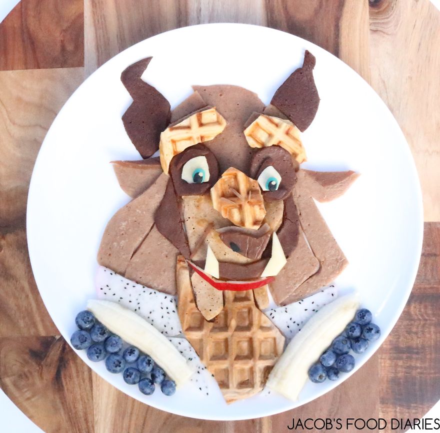 Beast From Beauty & The Beast. Waffles With Spelt Chocolate Pancakes, Dragon Fruit, Blueberres And Banana