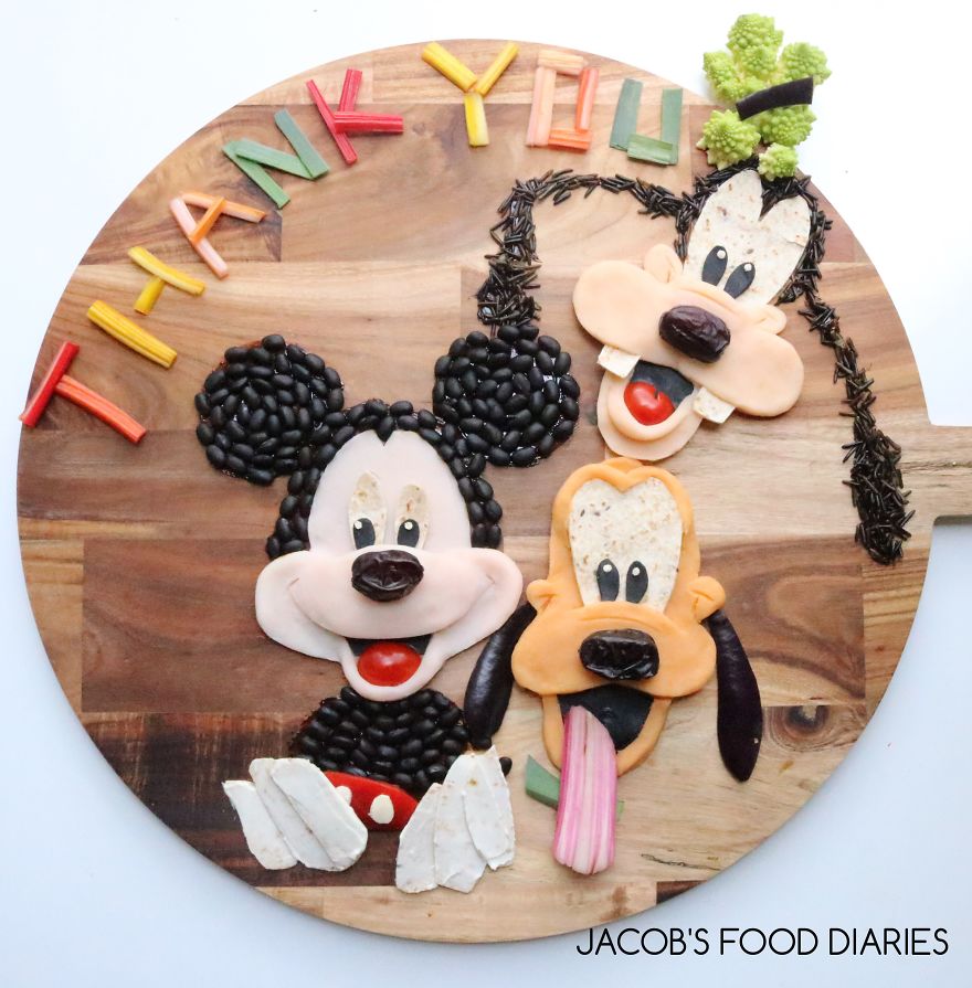 Mickey, Goofy & Pluto. Mash Potato, Sweet Potato, Rainbow Chard, Wholemeal Wrap, Romanesco Broccoli, Wild Rice And Black Beans