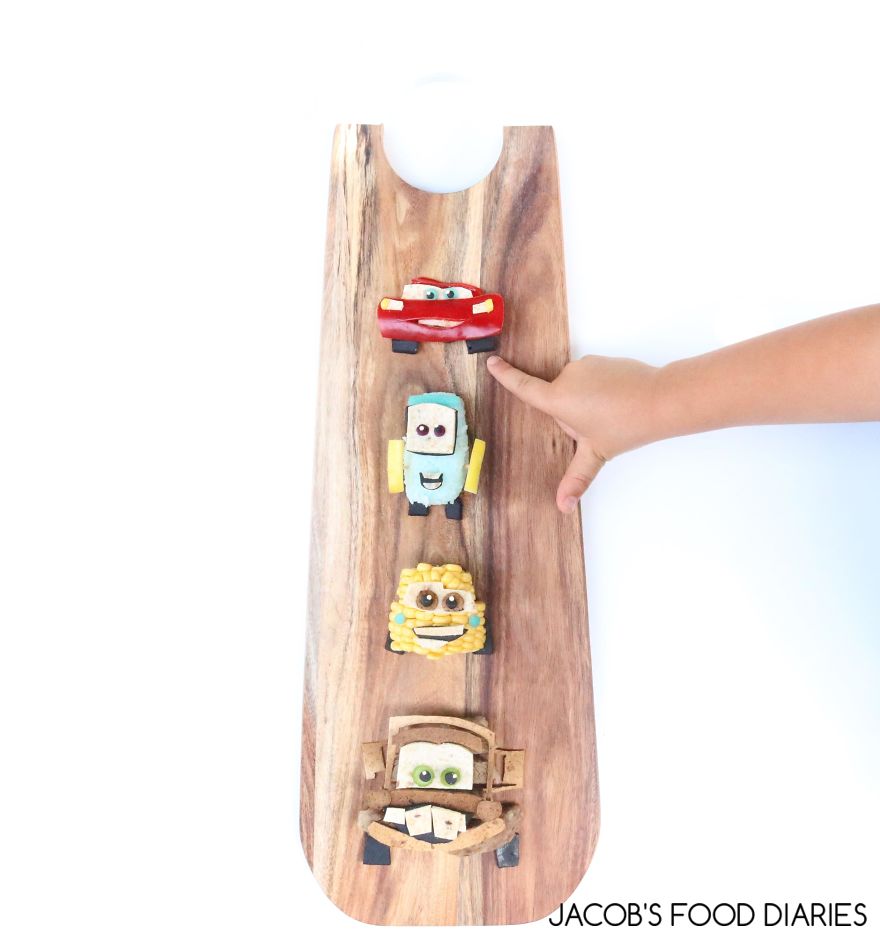 Lightening Mcqueen, Guido, Luigi And Mater From Cars. Grass Fed Beef With Rice And Veggies