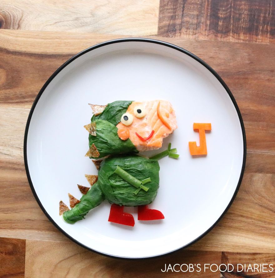 George From Peppa Pig Dressed As A Dinosaur. Wild Australian Salmon With Hidden Mash Potatoes And Spinach