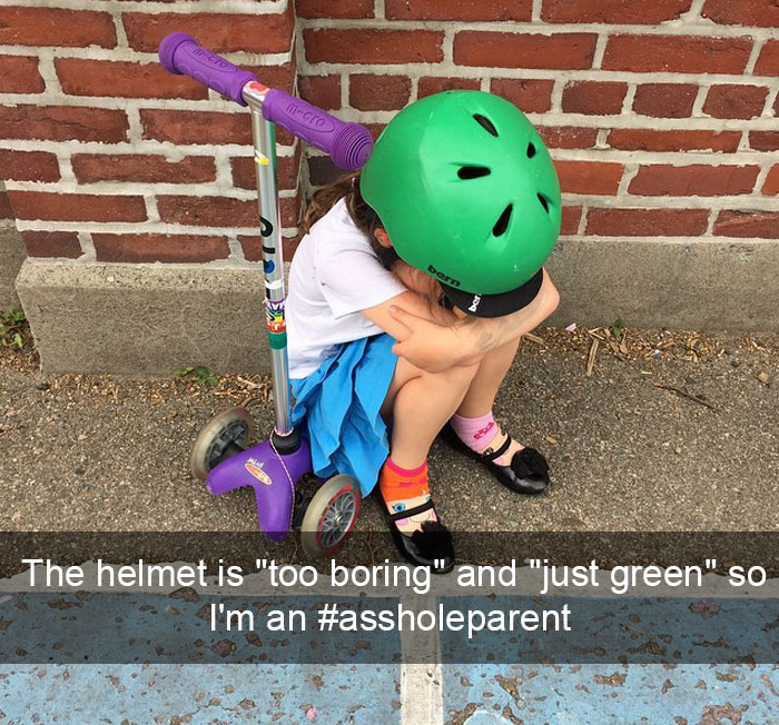 I Brought Her Scooter From The Car To School Pickup So She Wouldn't Have To Walk One Block, But The Helmet Is "Too Boring" And "Just Green" So I'm An #assholeparent